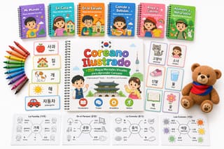 Libro Coreano Ilustrado abierto mostrando mapas mentales de gramática y vocabulario